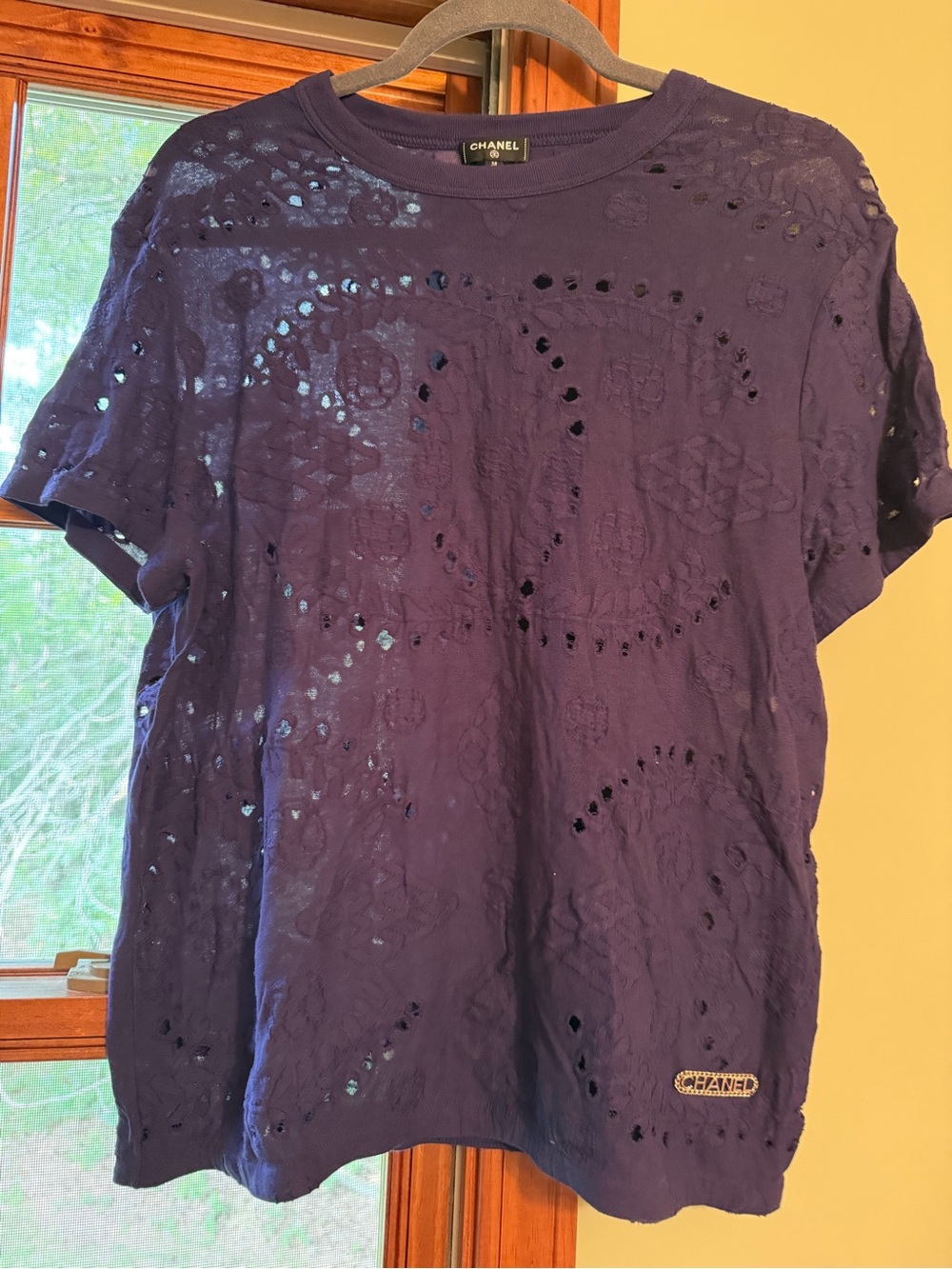 CHANEL Navy Crochet Motif Short Sleeve Top